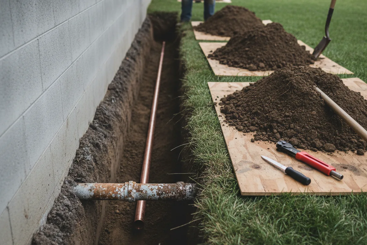 Excavated water line trench during Sewer Line Repair in Cokeville